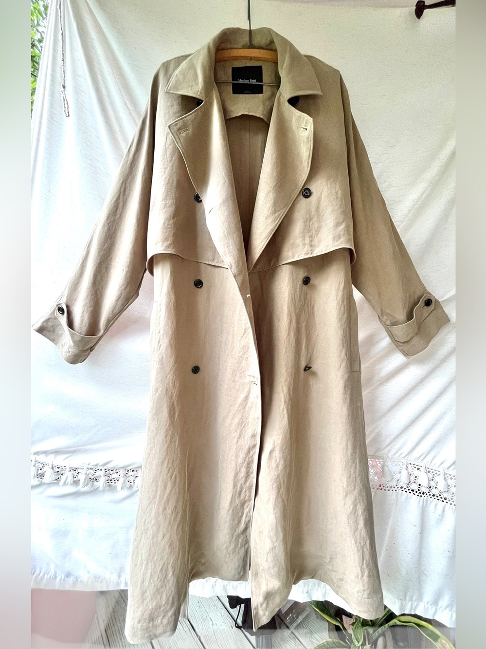 Massimo Dutti Linen Blend Trench Coat Notched Lapel Collar w Belt Detail Large - Picture 9 of 15